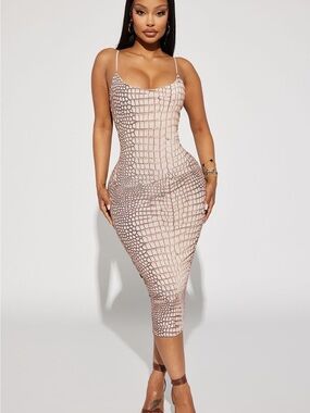 Fashion Nova Beige Croc-Print Bodycon Midi Dress
